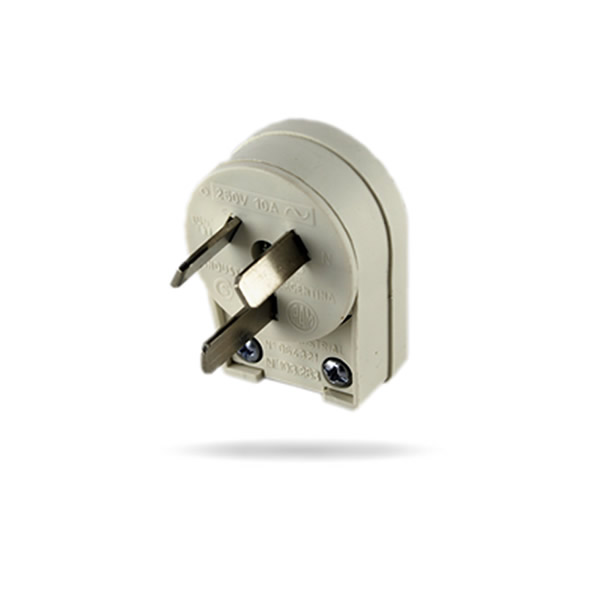 FICHA MACHO 2X 10A + TIERRA PATA PLANA - BORNE GIRATORIO SALIDA LATERAL COLOR BLANCO  CONFORME NORMA IRAM 2073