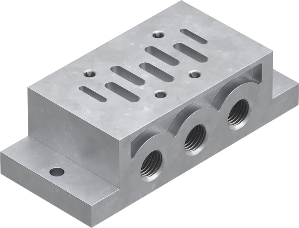 PLACA BASE / ISO 5599-1 / FIJACION TALADRO PASANTE / CONEX. NEU. G1/4 - PILOTO G1/8 / CONEXIONES LATERALES