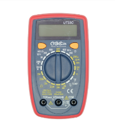 MULTIMETRO  PANT. 3 1/2  DIG. (MAX. 1999) VDC: 200mV – 500V ± (0,5%+2) VCA: 200 – 500V ± (0,8%+10) ADC: 200μA – 10A ± (1,2%+2) OHM: 200 – 200MΩ ± (1,8%+4)  TEMP: -40º – 250ºC ± (1%+3) RETEN. LECTURA. INDIC. DE POLARID./CONTINUID. AUDIBLE. MEDICION DE DIODOS Y TRANSIST. BATERIA 9V    UT-33C