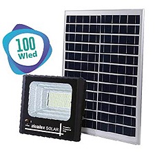PROYECTOR SOLAR INALAMBRICO 100W LED RECARGABLE C/BATERIA DE LITIO INCORPORADA, APTO INTEMPERIE IP65, ENCENDIDO AUTOMATICO - BRILLO AJUSTABLE - TEMPORIZADOR AUTOMATICO DURANTE 1 A 8 HORAS - DISPLAY INDICADOR DE NIVEL DE BATERIA - CONTROL REMOTO INCLUIDO