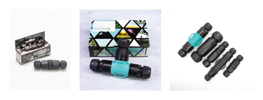 EMPALME CONECTOR RAPIDO TIPO DERIVACION CON BORNERA TETRAPOLAR INTERNA HASTA 4X6mm2 - CON AJUSTE PRENSACABLES EN EXTREMOS Y OJALES DE MONTAJE - APTO INTEMPERIE IP68