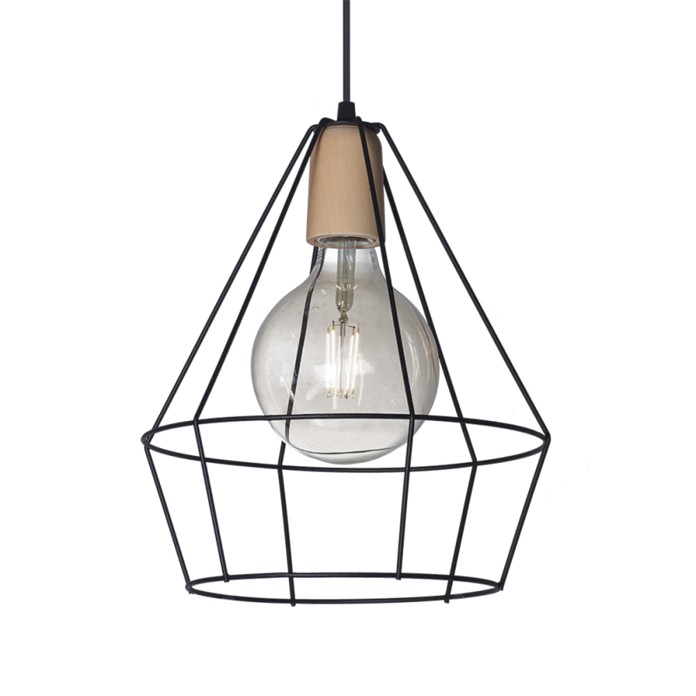 COLGANTE TIPO JAULA DIAMANTE CON DETALLE EN MADERA 1 LUZ NEGRO