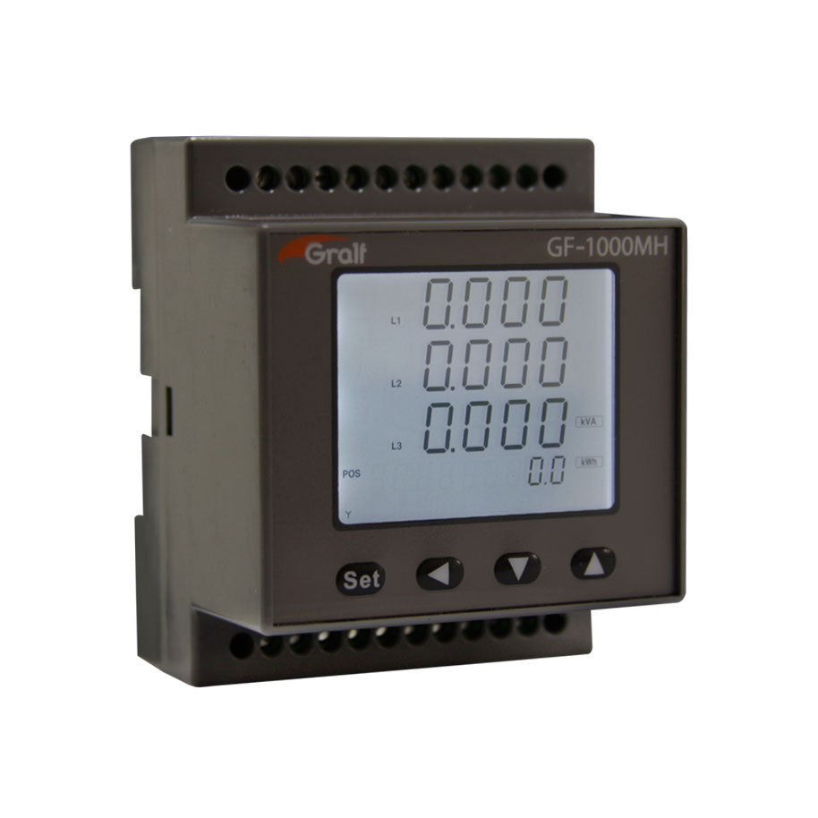 MULTIMEDIDOR / ANALIZADOR DE RED TRIFASICO CON MEDICION DE CONSUMO, COFIMETRO Y ARMONICOS   Características: Voltaje de entrada: L-N 10~300V AC / L-L 10~400V AC Corriente máxima: 0-5A (directo) / 5~999.9A (TC) Consumo de energía en reposo: <0.5VA / fase Alimentación: AC/DC 85~264V Frecuencia de trabajo: 45~65Hz Medición de: UL, UF, A, W, VA, Cos Fi, frecuencia, kWh, THD, THD-odd, THD-EVEN, Valores Máx./Mín. Modo de conexión: 4 cables / 3 cables Menú de configuración con contraseña Protocolo de comunicación: MODBUS-RTU / RS485 (EX GF-1000MH)