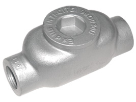 CAJA DE PASO DE ALUMINIO TIPO CONDULET APE CON TAPA ROSCADA DE 2 VIAS 90* IZQ. 1" NPT