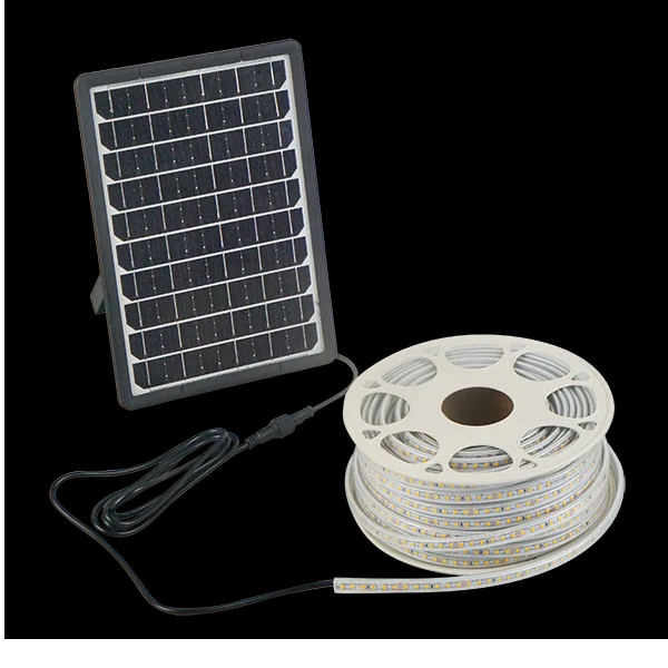 TIRA DE LED SOLAR  5MT 2700K LUZ CALIDA IP65 PANEL SOLAR MONOCRISTALINO DE 1.6W 5V - BATERIA DE 1.6AH 3.2V C/CONTROL REMOTO