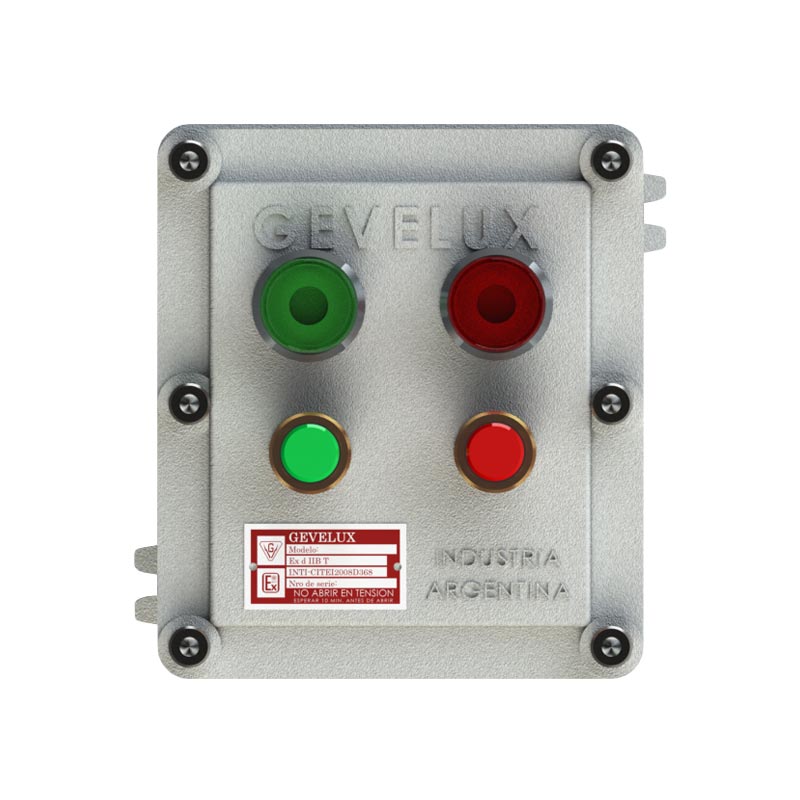 CAJA ALUM APE C/2 PULSADORES Y 2 SEÑALES LUMINOSAS 220 o 24V (2 AUX COMPONIBLES 1NA+1NC). 1 ACCESO 3/4"