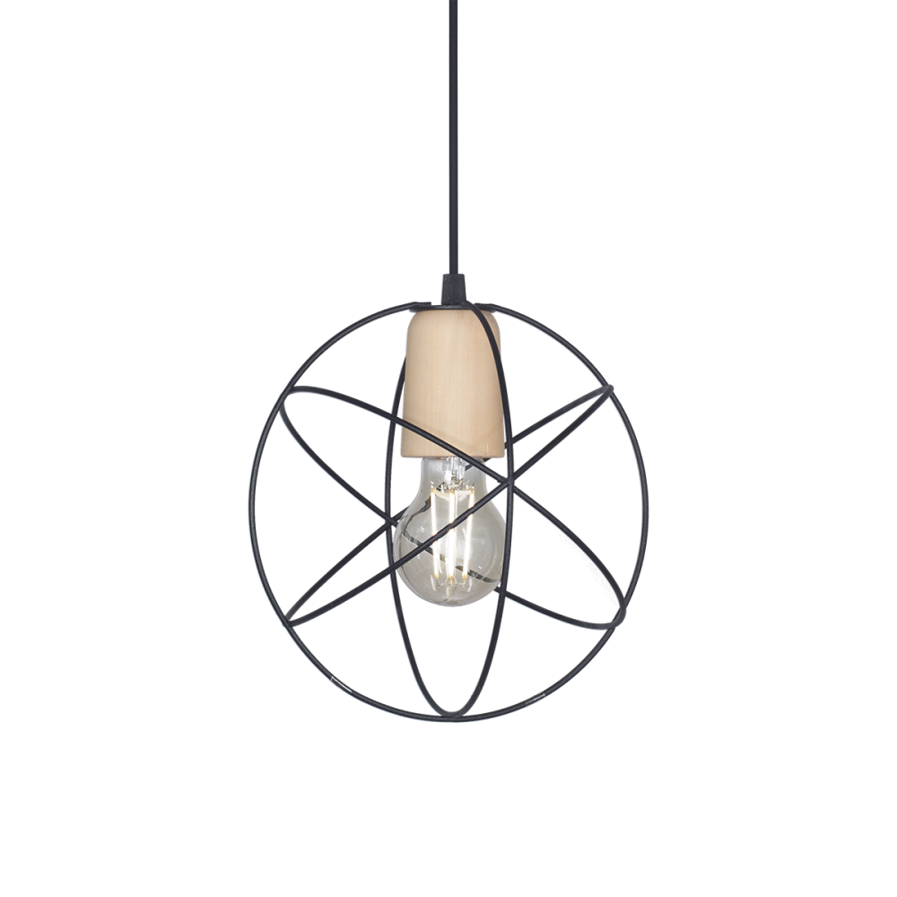 COLGANTE TIPO JAULA ESFERA MINI CON DETALLE EN MADERA 1 LUZ NEGRO  GEO CARDALES
