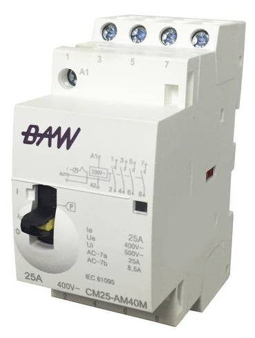 CONTACTOR MODULAR C/MANDO MANUAL 4P 230VCA 6kW/AC-7a. 4NA In=25A. Uc=220Vca. 3 módulos din