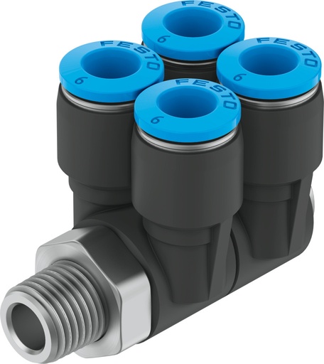 [QSLV4-1/4-8] RACOR MULTIPLE FORMA L / ROSCA R1/4 - 4 SALIDAS RACOR 8MM