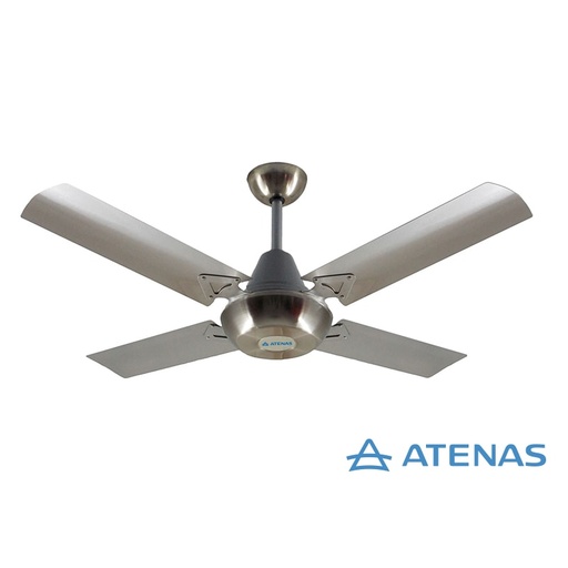 [97121] VENTILADOR DE TECHO C/ 4 ASPAS DE ACERO INOXIDABLE DE 120 CM. DE DIÁMETRO, CUBRE MOTOR DE PLÁSTICO Y LA CAMPANITA ES METÁLICA EN COLOR PLATIL. BARRAL ESTANDAR DE 23 CM