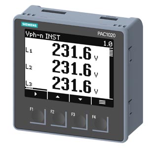[100690280] ANALIZADOR DE RED SENTRON PAC1020 LCD 96 × 96 mm Dispositivo de vigilancia eléctrica incorporado en panel para medir magnitudes eléctricas Protocolo: Modbus RTU con display gráfico Ue nominal: 400/230 V 45-65 Hz Ie nominal: X/5A AC Energía auxiliar: 85...276 V AC Conexión por borne de tornillo   7KM1020-0BA01-1DA0