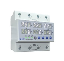 [108626] PROTECCION DIGITAL DE TENSION Y CORRIENTE CONFIGURABLE PARA SUMINISTRO TRIFASICO O MONOFASICO 3x220/380Vca, MICROPROCESADA Y AUTOALIMENTADA. MEDICION Y MONITOREO DE TENSION Y CORRIENTE TRUE RMS DE LAS 3 FAES MEDIANTE 6 PANTALLAS LED. RANGO DE PROTECCION POR TENSION: &gt;U: 220~300V; &lt;U: 120~210V. ACTUACION &lt;0,1s. REPOSICION: 5~600s. ASIMETRIA: 20~99V, SECUENCIA DE FASES. RANGO DE PROTECCION POR CORRIENTE: 5~63A; ACTUACION POR SOBRECARGA: 5~600s, &gt;80A: 0,1s.  3 CONTACTOS INDEPENDIENTES DE SALIDA. REPOSICION 5~600s. SEÑALIZA LA FASE/S Y TIPO DE FALLA. CAPACIDAD Ith:63 (80A). 5 MODULOS DIN.