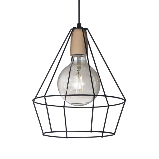 [109575] COLGANTE TIPO JAULA DIAMANTE CON DETALLE EN MADERA 1 LUZ NEGRO