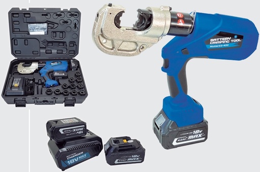 [*112640] PINZA ELECTRO-HIDRAULICA  AUTONOMA PARA COMPRESION  HEXAGONAL - Rango de compresión: 16 - 400mm2  Cabezal con rotación de 360º  tipo C abierto.  Retraido del cabezal y parada  del motor automático cuando  se finaliza la compresión.  Batería de Li-ion 4,0 Ah  Fuerza: 120KN.