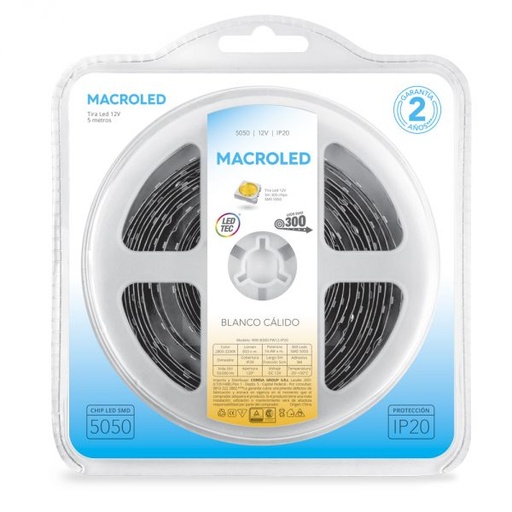 [113000] TIRA FLEXIBLE 60 LEDS x mt 14.4W/mt (X 5 METROS) C/ADHESIVO 3M BLANCO NEUTRO 4000K IP20 1425LM 12VDC 5050SMD 40000HS DIMERIZABLE