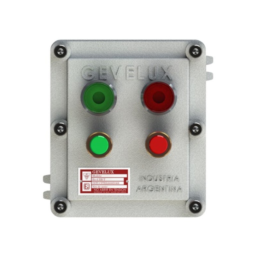 [113541] CAJA ALUM APE C/2 PULSADORES Y 2 SEÑALES LUMINOSAS 220 o 24V (2 AUX COMPONIBLES 1NA+1NC). 1 ACCESO 3/4"