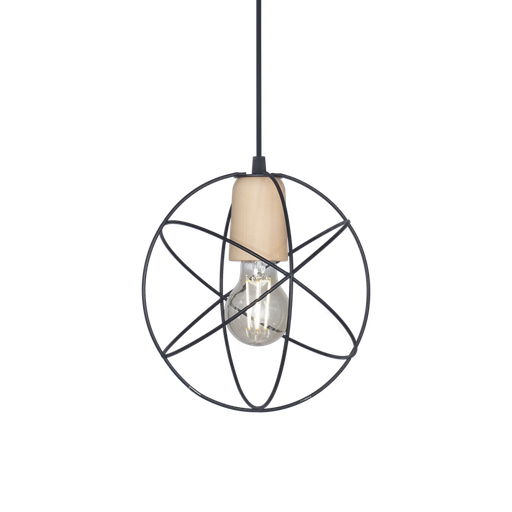 [113546] COLGANTE TIPO JAULA ESFERA MINI CON DETALLE EN MADERA 1 LUZ NEGRO  GEO CARDALES