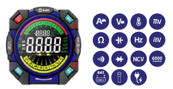 [114786] Multímetro digital smart True RMS. Rango automático. Display LCD retroiluminada con diseño innovador de 6000 cuentas. Batería de litio recargable mediante puerto USB-C. 3mV-600VCA resolución: 0,01mV-0,1V. 0,3mV-600VCC resolución: 0,01mV-0,1V. 3mA-10ACA/CC resolución: 0,1mA-0,01A. Resistencia 0,2Ω-60MΩ resolución: 0,1Ω-0,01MΩ. Frecuencia: 40-1000Hz. Temperatura: -40-1000o C. Capacidad: 0,1nF–20mF. Detección de tensión sin contacto NCV. Detección de fase función buscapolos. Prueba de diodos: 0-1V. Continuidad y buzzer. Linterna. Auto-OFF. Indicador de batería baja. Accesorios: puntas, termocupla h/250o C, cable de carga USB y manual en español. CAT III 600V. Dimensiones: 90 x 90 x 40mm.